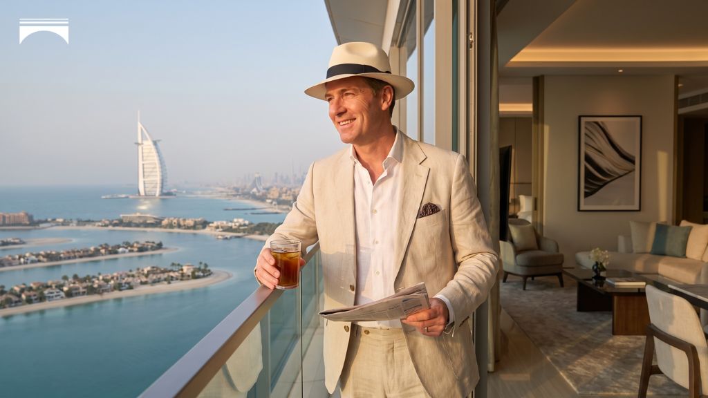Property owner relaxing at a waterfront Dubai apartment with views of Burj Al Arab